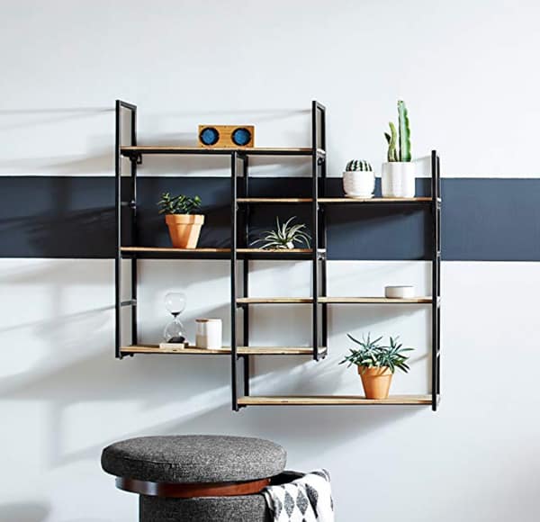 Rivet Modern Wood and Metal Floating Wall Storage Shelves 37.25"W x 36.25"H, Natural and Black