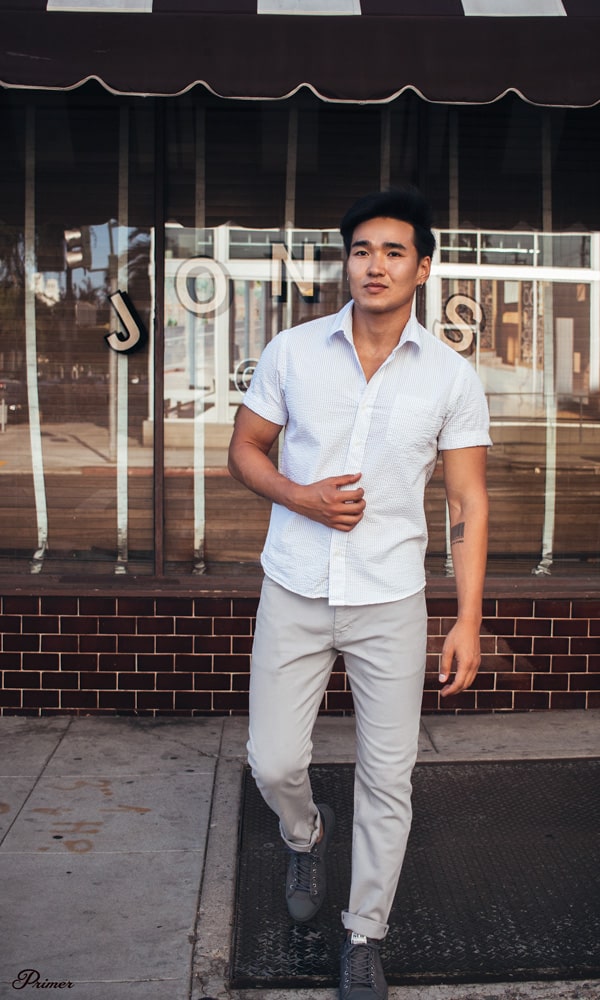 men summer fashion white seersucker gray pants sneakers