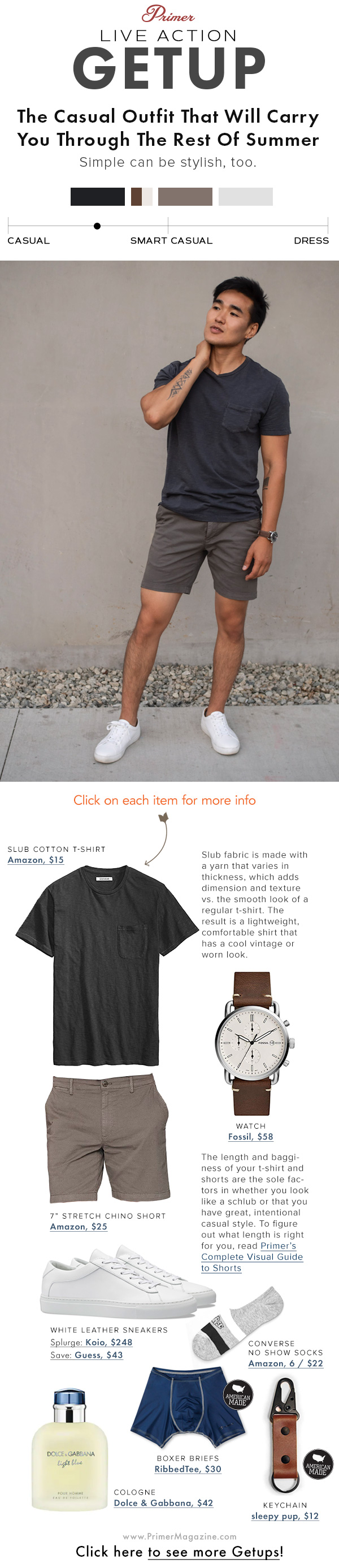 men summer outfit black tshirt brown shorts white sneakers the getup