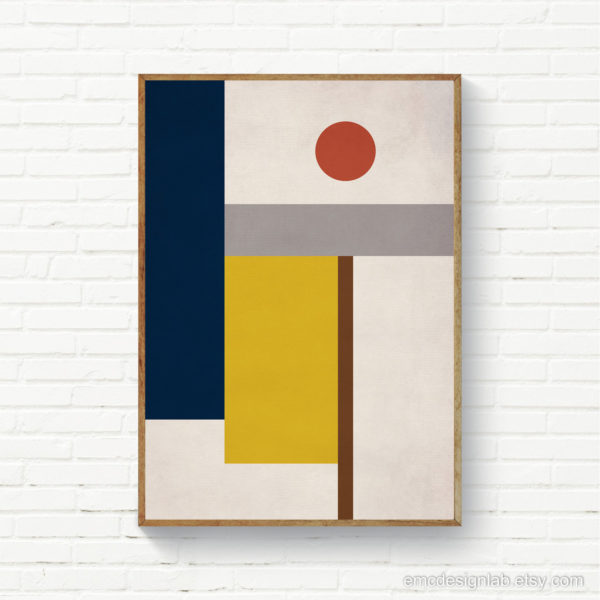 Geometric Abstract Composition Print, MidCentury Modern Wall Art, Navy Mango Burnt Orange, Downloadable Geometric Print