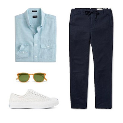 outfit idea with blue shirt and pants with white sneakers