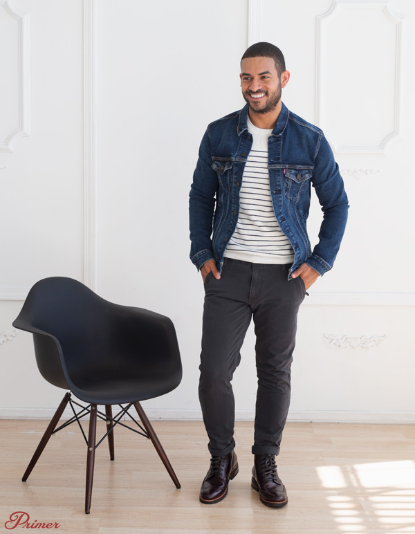 image of man wearing denim trucker style jacket