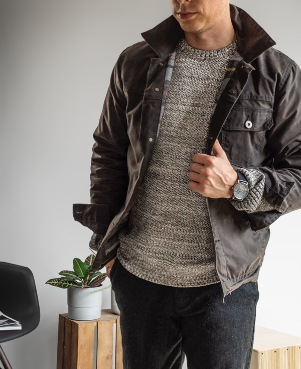 men texture sweater waxed canvas field jacket