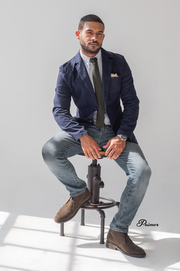 cotton blazer knit tie light jeans suede chukkas