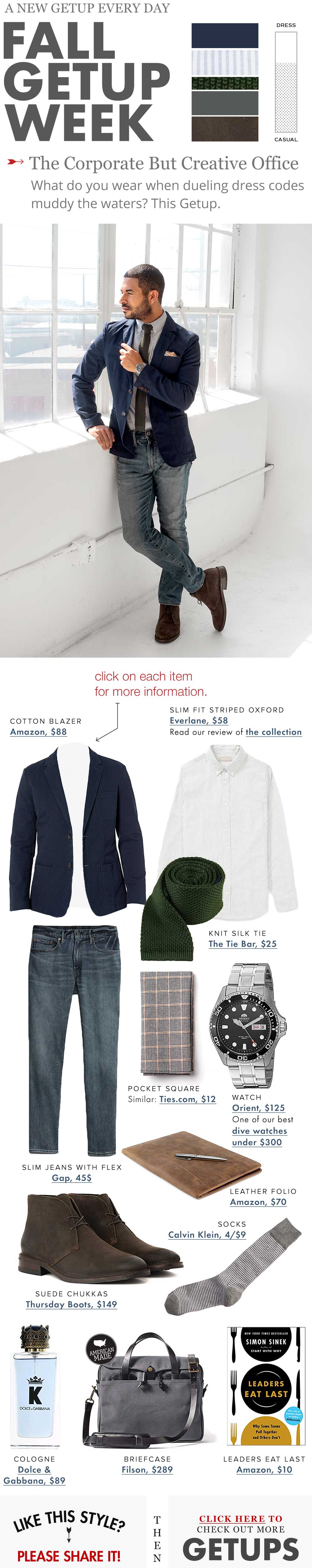 corporate creative office outfit cotton navy blazer knit tie striped shirt suede chukkas the getup