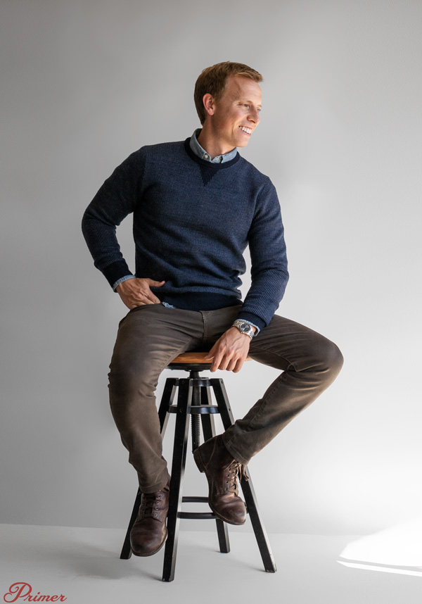 Andrew Snavely wearing a birdseye merino wool sweater