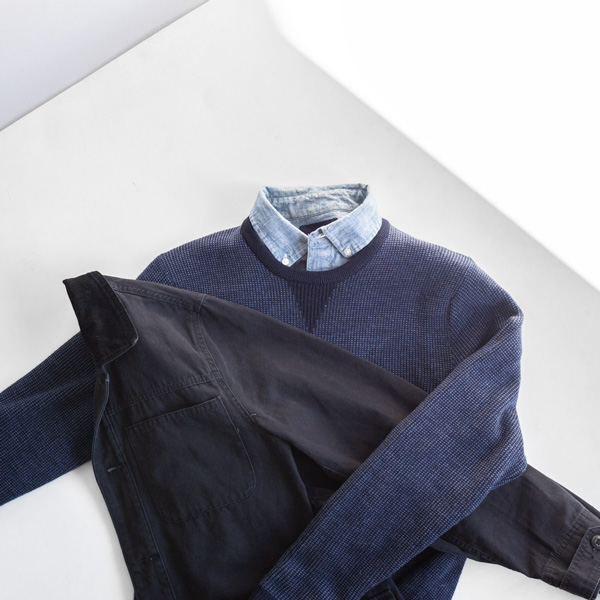 black coat blue sweater chambray shirt men fall rugged fashion