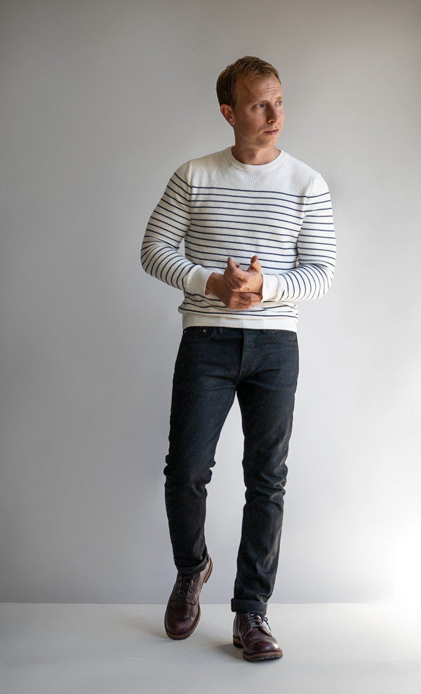 men striped sweater black jeans boots fall fashion