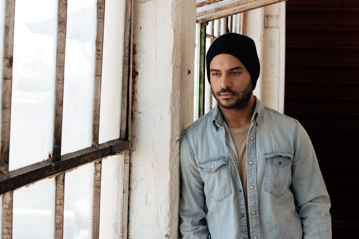 men-denim-shirt-watch-cap-fall-style men black watch cap light denim shirt tan t shirt