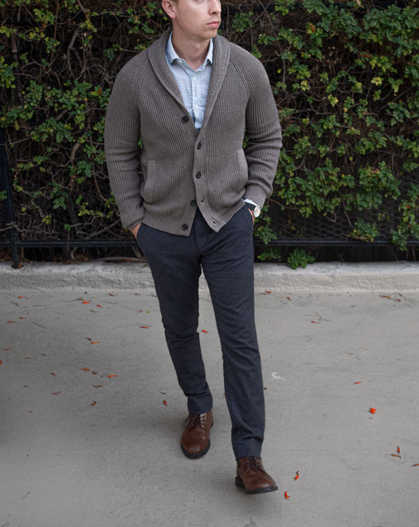 shawl collar cardigan dressed up business casual