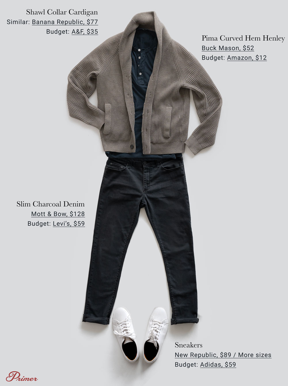 flatlay men outfit sweater henley dark jeans white sneakers