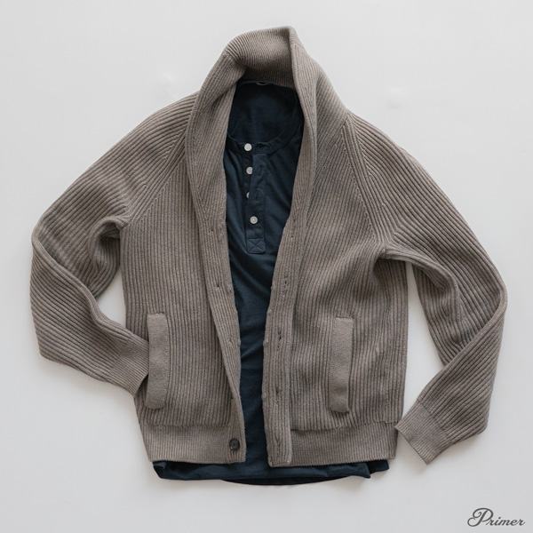 shawl collar sweater with blue henley