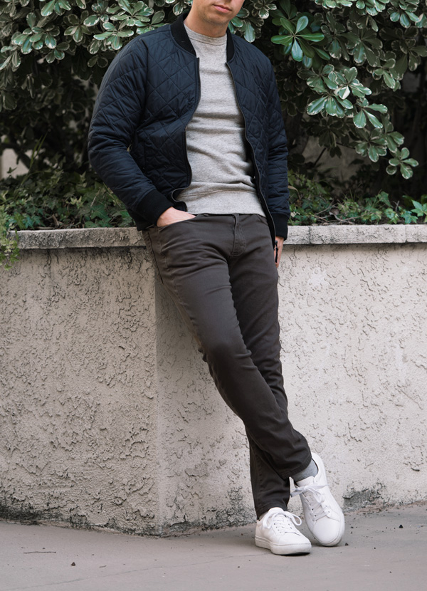 men casual style bomber jacket gray sweathshirt brown pants white sneakers