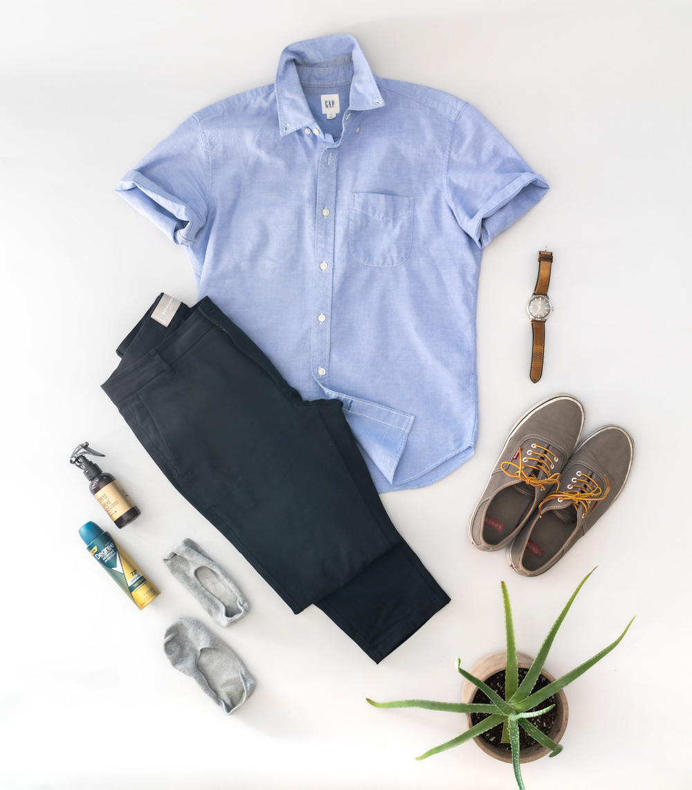 blue shirt chinos summer outfit men idea