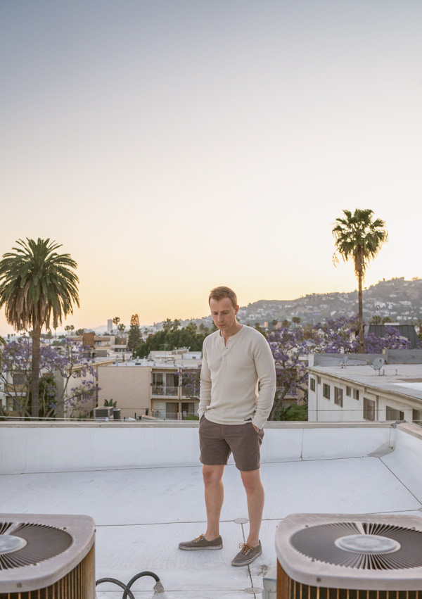 summer outfit men henley gray shorts sneakers sunset