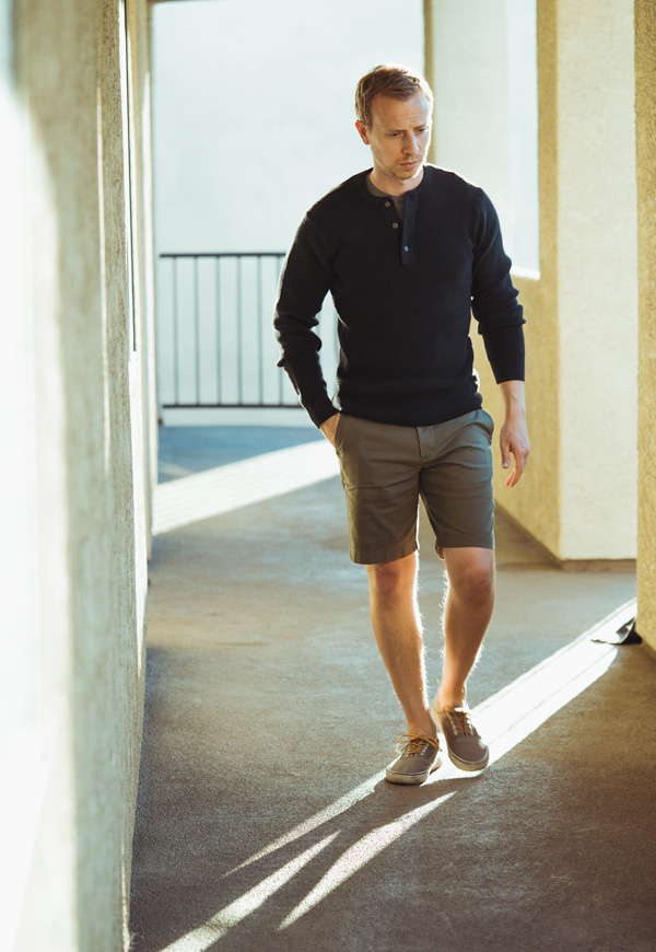 black knit henley with shorts