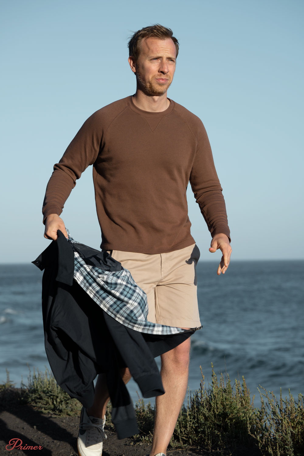 raglan crew sweatshirt khaki shorts blue Harrington jacket