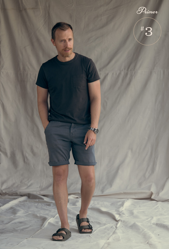 men summer outfit idea black tshirt blue shorts