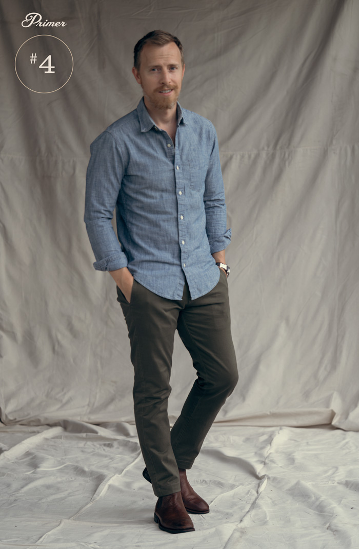 chambray shirt olive chinos