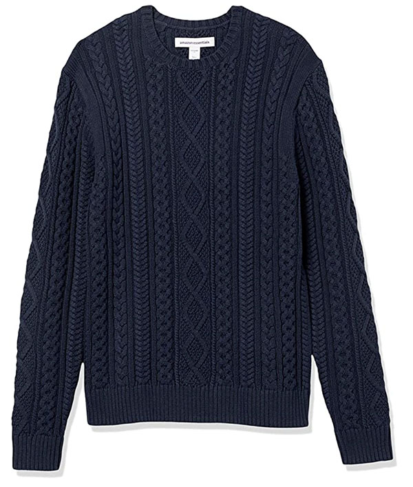 Amazon Essentials men's navy blue cable knit fisherman style sweater