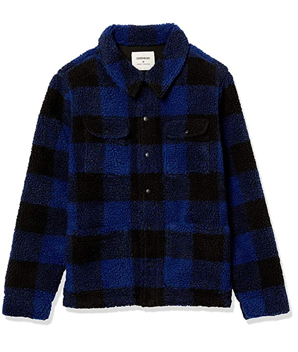 goodthreads brand men's sherpa long sleeve shirt jacket in black and blue plaid