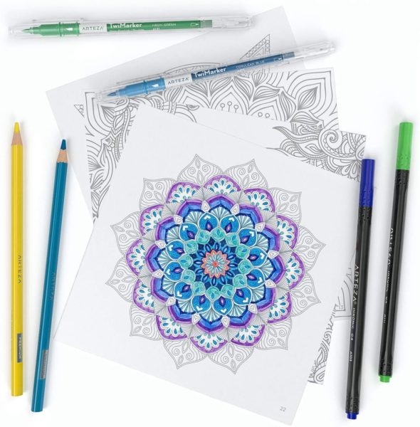 ARTEZA adult coloring book with color pencils and pens