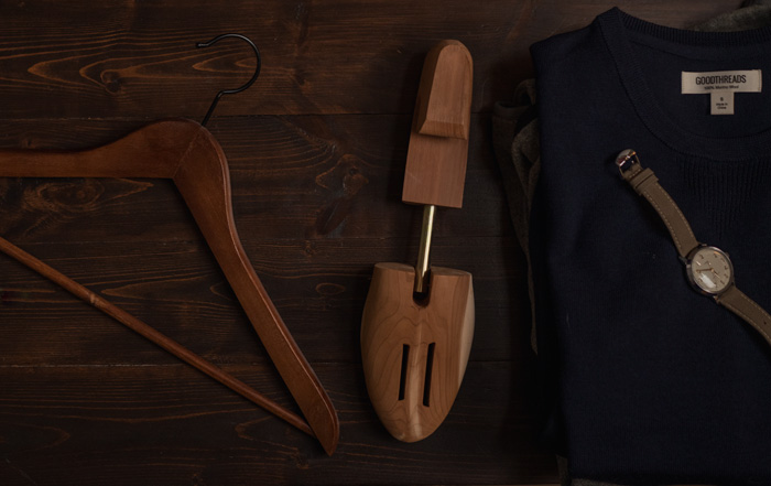 wood hanger with cedar shoe tree and watch