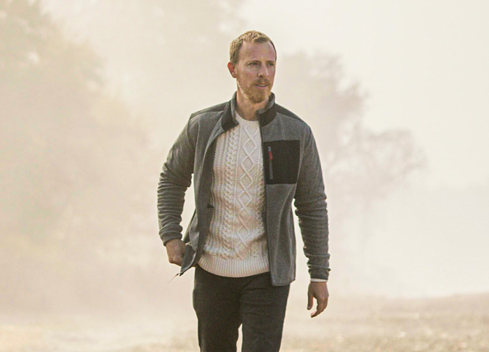 Man wearing gray polar fleece jacket