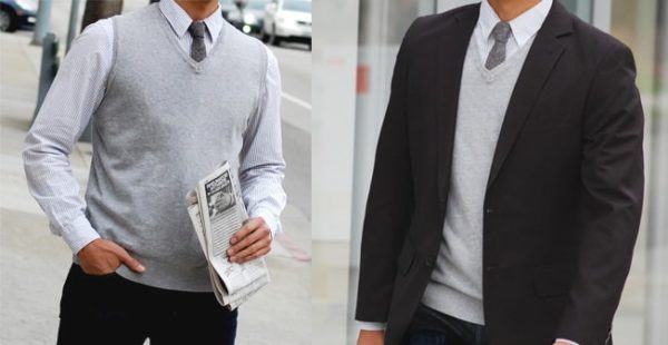 two images of men wearing grey sweater vests