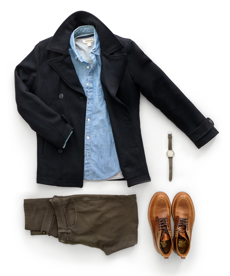 flatlay of men's outfit with pea coat, chambray shirt, flint and tinder 365 pant, timex x todd snyder watch, jcrew kenton boots