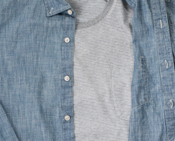 chambray shirt and striped pocket t-shirt