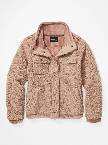 image of a pink sherpa fleece button up long sleeve jacket