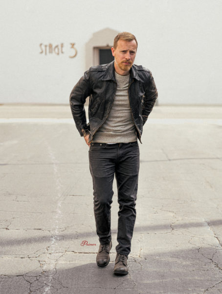 leather-jacket-gray-sweatshirt Andrew Snavely wearing black leather jacket, gray sweatshirt, charcoal jeans, gray boots monochrome outfit inspiration