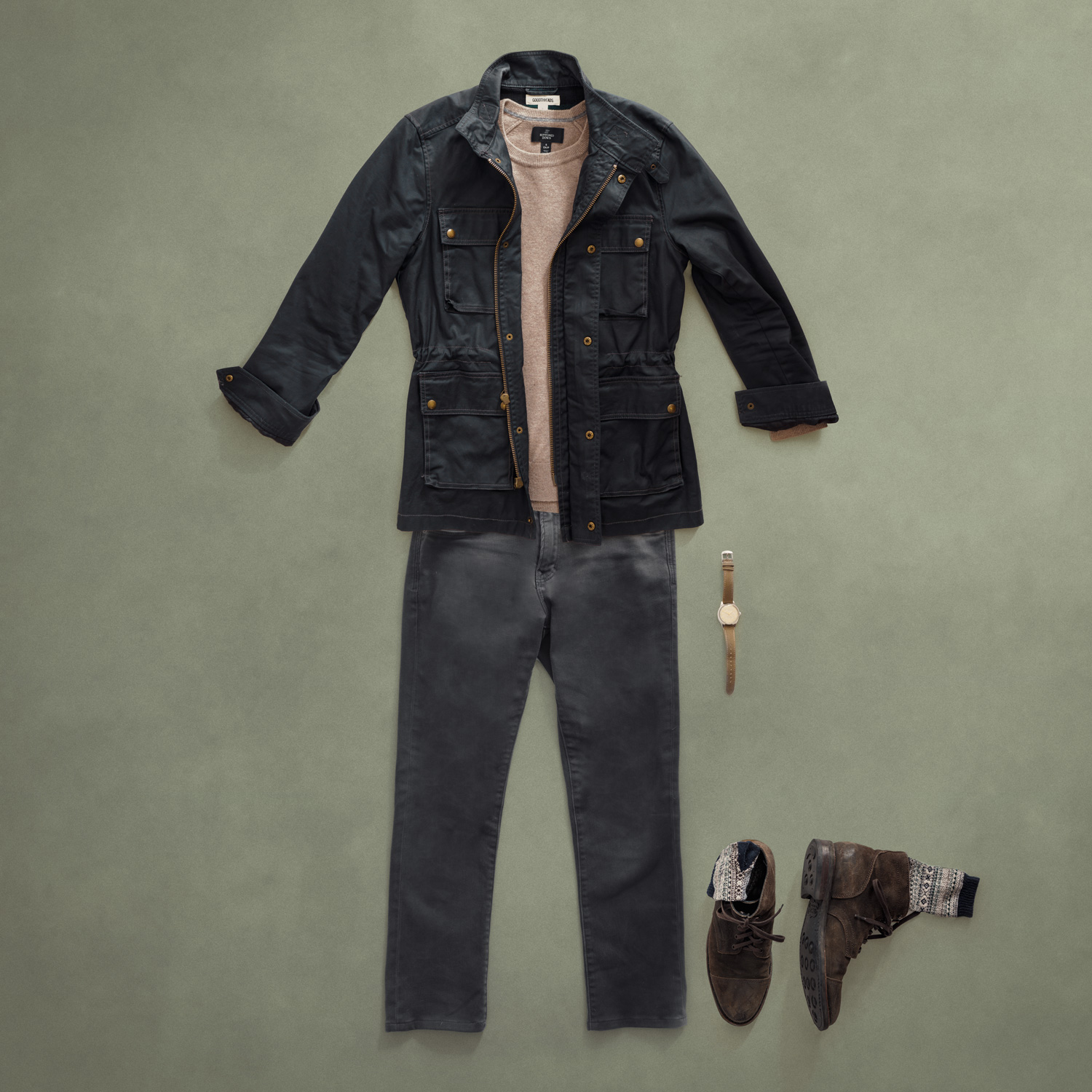 men-casual-outfit-belstaff-gray-jeans-suede-boots mens casual outfit jacket cream sweater gray jeans suede boots