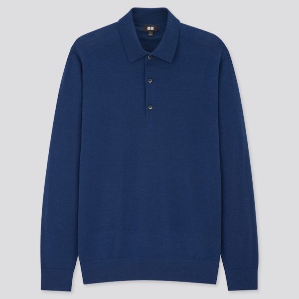 merino wool long sleeve blue polo shirt