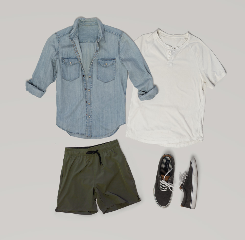 Melted-Ice-Cream-Flat-lay men's summer outfit green shorts, henley, denim shirt, canvas sneakers