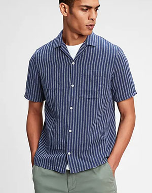 blue striped short sleeve linen shirt for men