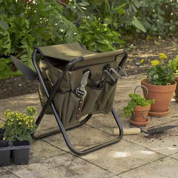 steel and nylon garden stool with tool bag