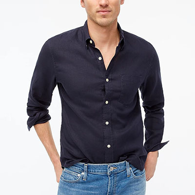 long sleeve dark blue linen cotton shirt for men