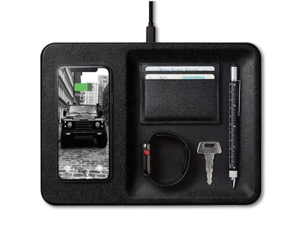 black leather wireless phone charging tray