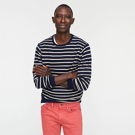 blue and white stripe cashmere crewneck sweater