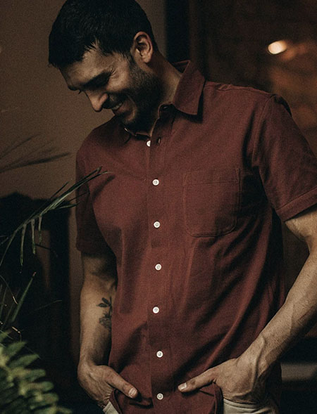 rust colored short sleeve button up shirt