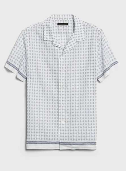 short sleeve button up shirt with blue and white pattern print