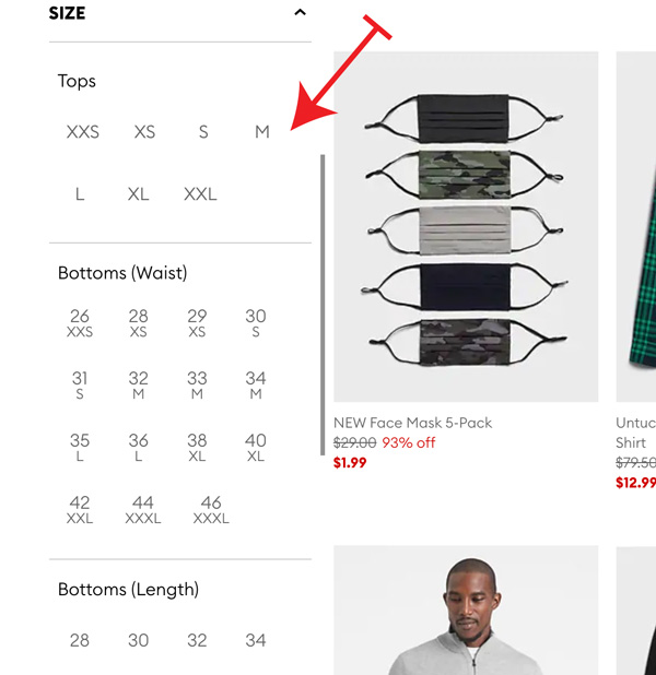 banana republic size filters