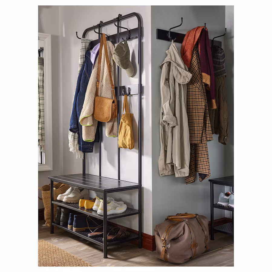 a coat rack with shoe storage