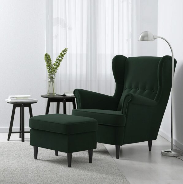 dark green wing chair