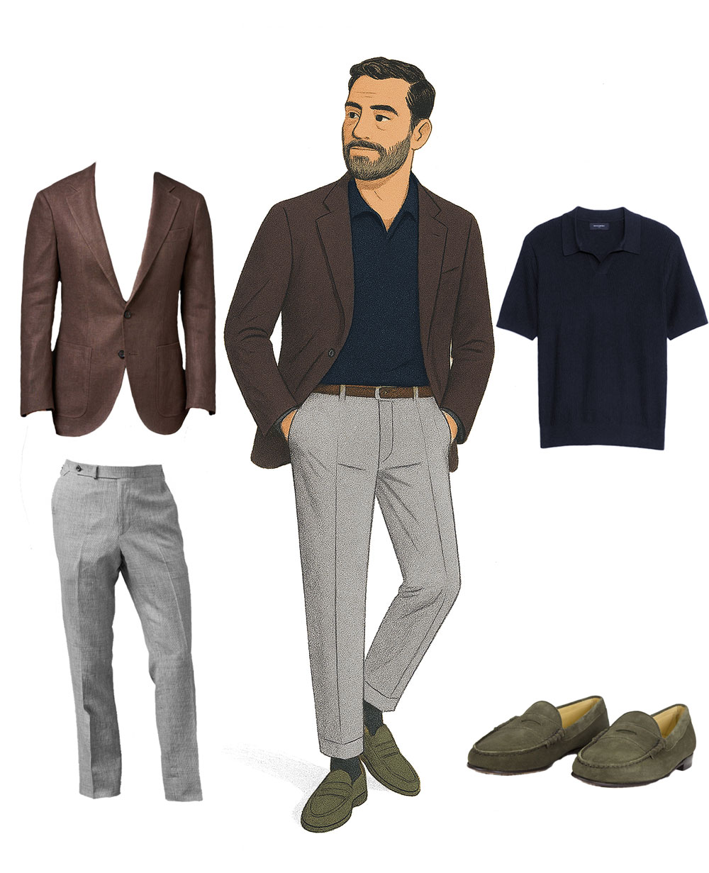 linen blazer with blue polo and green loafers - wedding outfit idea for men