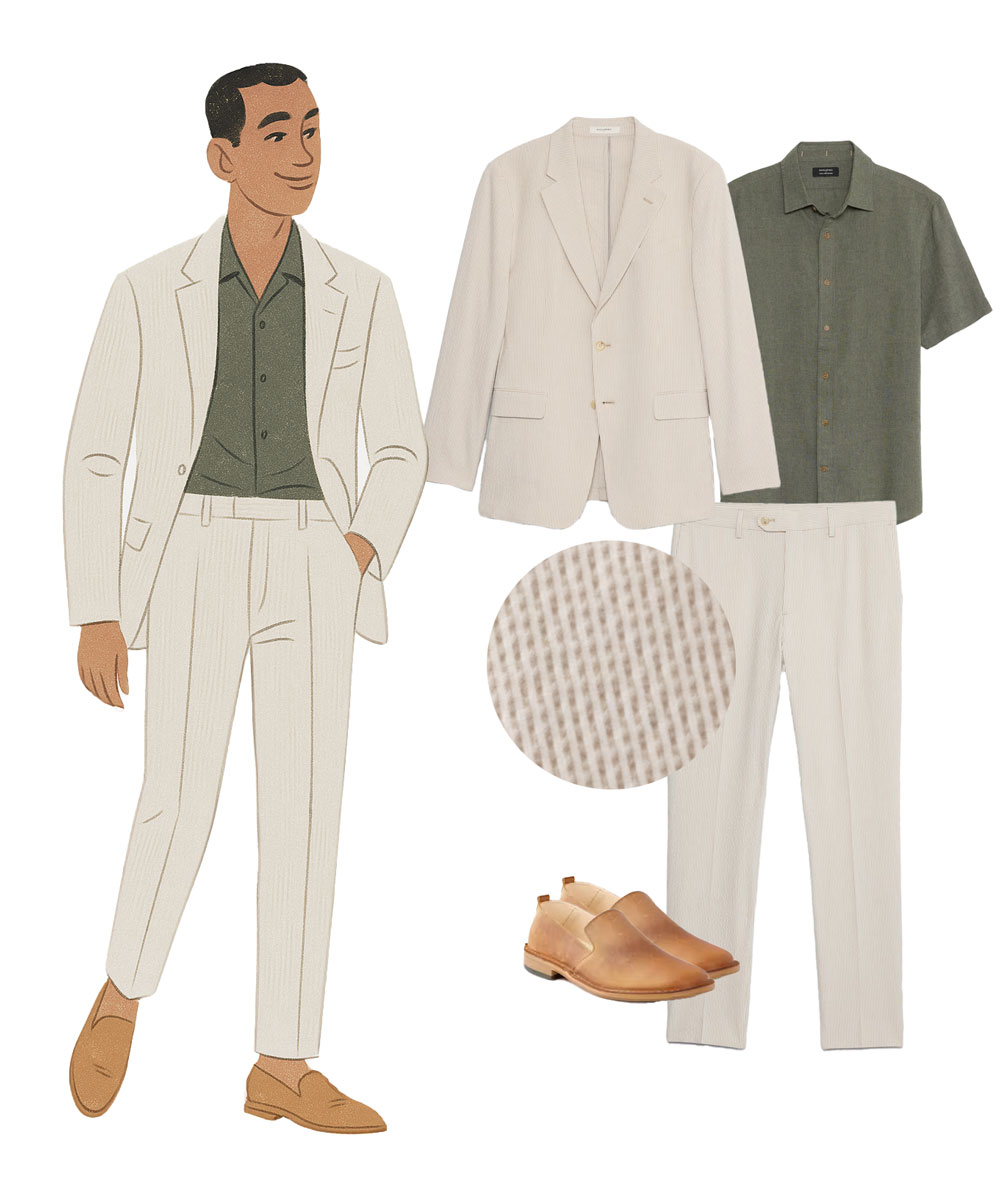 man in summer wedding outfit of tan seersucker and green linen shirt