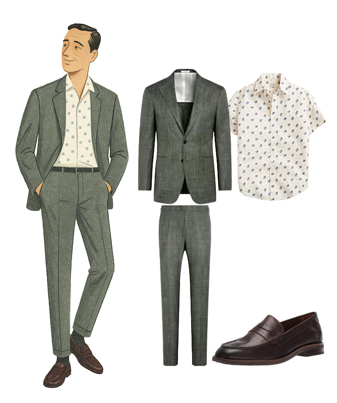what to wear to a summer wedding for men green linen suit, patterened short sleeve shirt, penny loafers