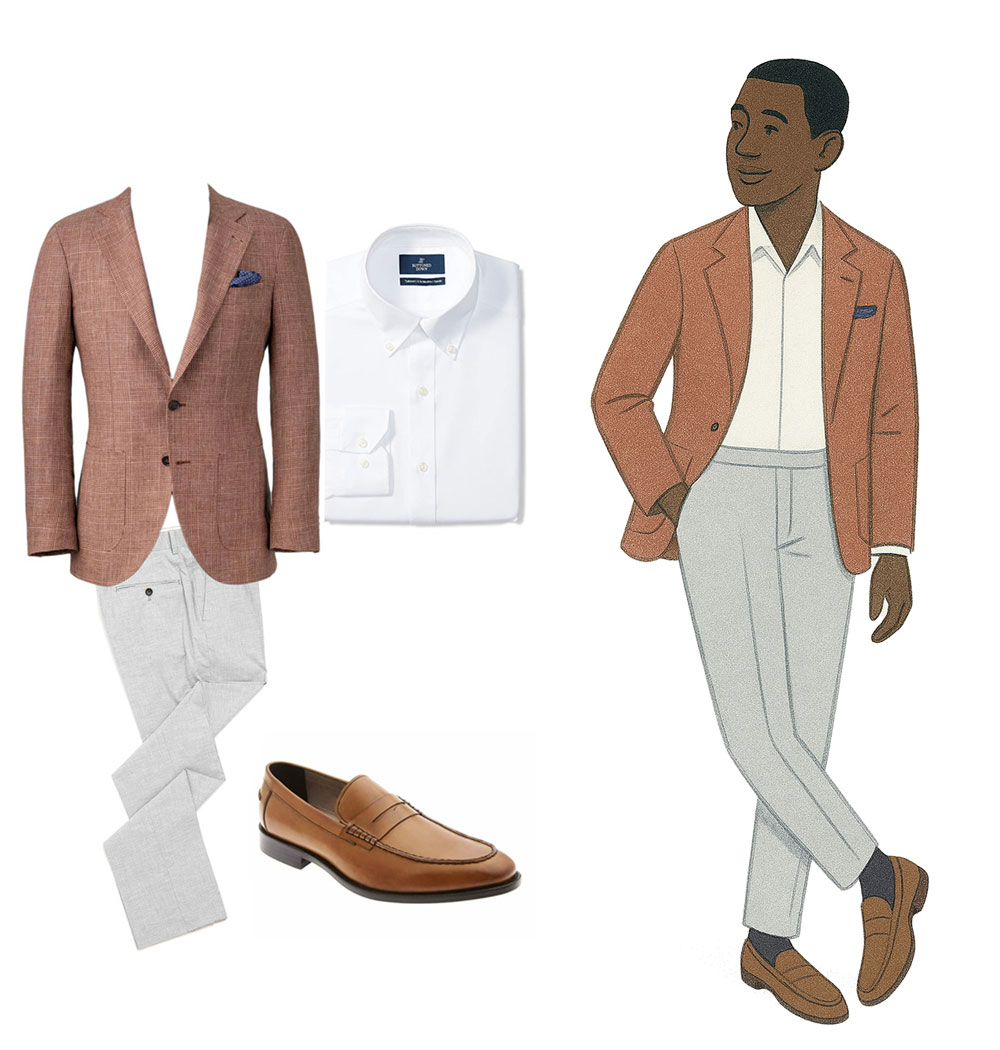 men's red blazer, white dress shirt, gray dress pants, and tan loafers